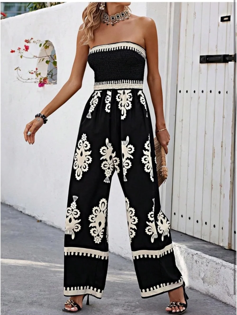 Strapless Black & Cream Jumpsuit- SMALL - Picture 2 of 7